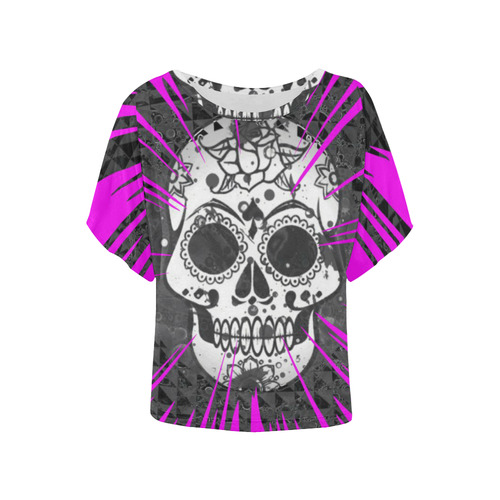 skull and pink by JamColors Women's Batwing-Sleeved Blouse T shirt (Model T44)