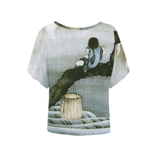 Hokusai Boy Mt Fuji Vintage Japanese Women's Batwing-Sleeved Blouse T shirt (Model T44)