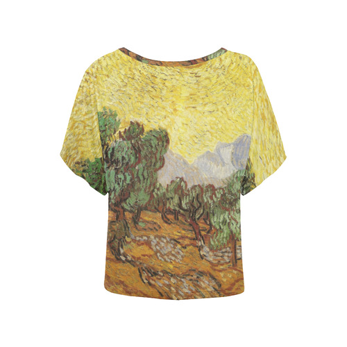 Van Gogh Olive Trees Yellow Sky Sun Landscape Women's Batwing-Sleeved Blouse T shirt (Model T44)