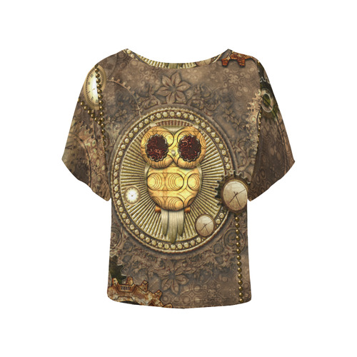 Steampunk, wonderful owl,clocks and gears Women's Batwing-Sleeved Blouse T shirt (Model T44)