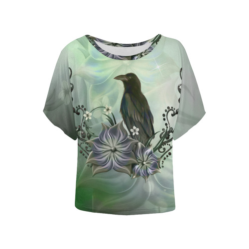 Raven with flowers Women's Batwing-Sleeved Blouse T shirt (Model T44)