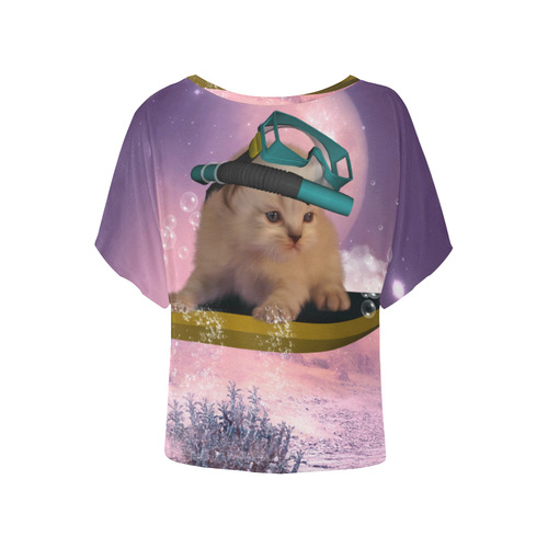 Funny surfing kitten Women's Batwing-Sleeved Blouse T shirt (Model T44)