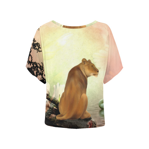 Awesome lioness in a fantasy world Women's Batwing-Sleeved Blouse T shirt (Model T44)
