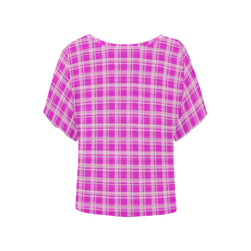checkered Fabric pink by FeelGood Women's Batwing-Sleeved Blouse T shirt (Model T44)