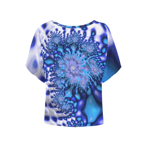 Psychedelic Blue on White Snow Fractal Art Women's Batwing-Sleeved Blouse T shirt (Model T44)