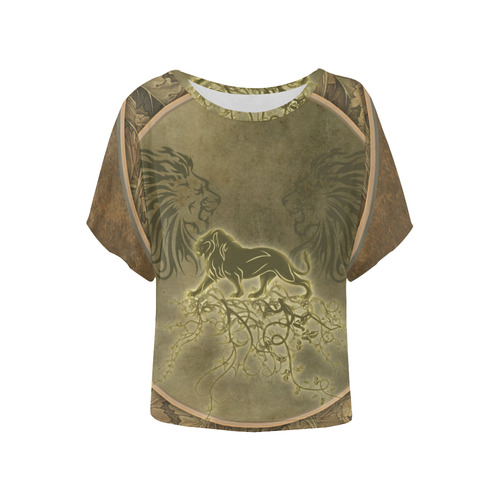 Lion with floral elements, vintage Women's Batwing-Sleeved Blouse T shirt (Model T44)