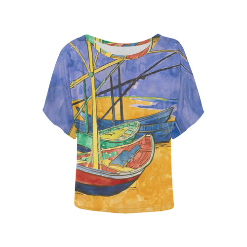 Van Gogh Fishing Boats Beach Watercolor Women's Batwing-Sleeved Blouse T shirt (Model T44)