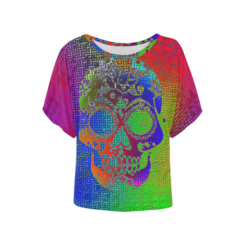 neon Electric Skull B by JamColors Women's Batwing-Sleeved Blouse T shirt (Model T44)