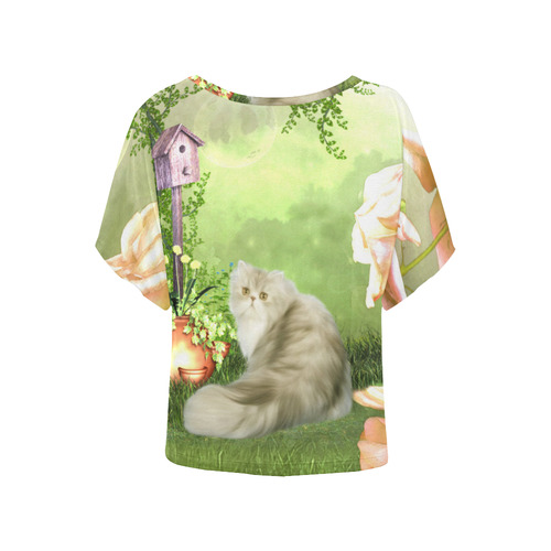 Cute cat in a garden Women's Batwing-Sleeved Blouse T shirt (Model T44)