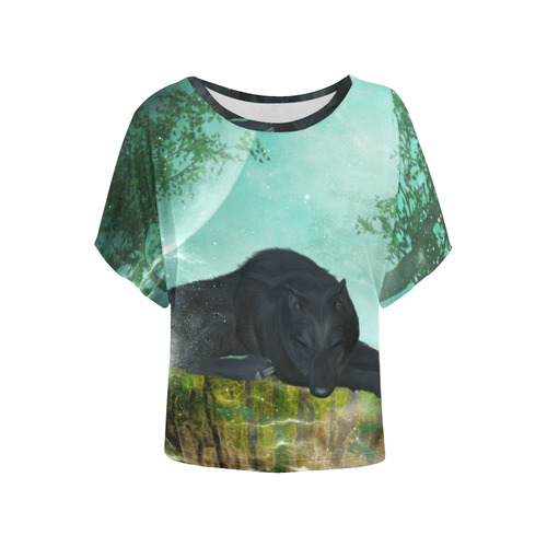Sleeping wolf in the night Women's Batwing-Sleeved Blouse T shirt (Model T44)