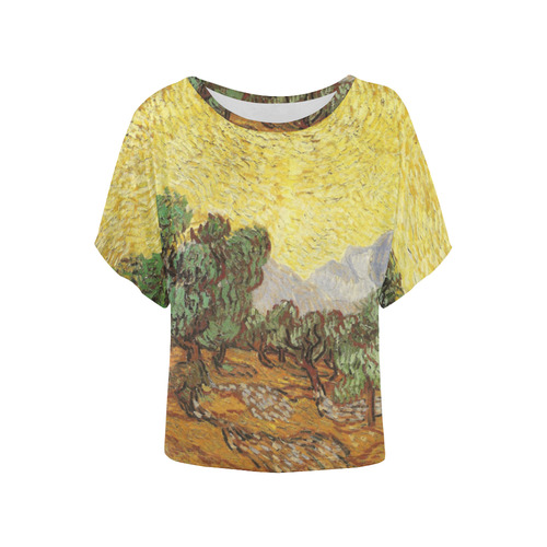 Van Gogh Olive Trees Yellow Sky Sun Landscape Women's Batwing-Sleeved Blouse T shirt (Model T44)