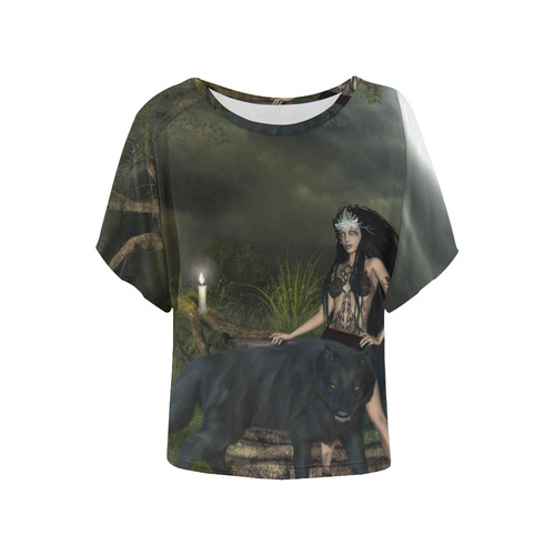 Awesome wolf with fairy Women's Batwing-Sleeved Blouse T shirt (Model T44)