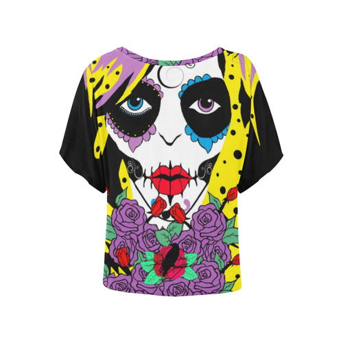 gothic sugar skull large Women's Batwing-Sleeved Blouse T shirt (Model T44)