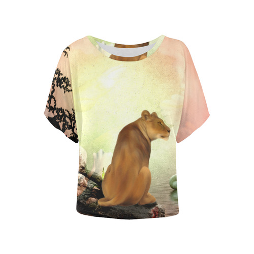Awesome lioness in a fantasy world Women's Batwing-Sleeved Blouse T shirt (Model T44)