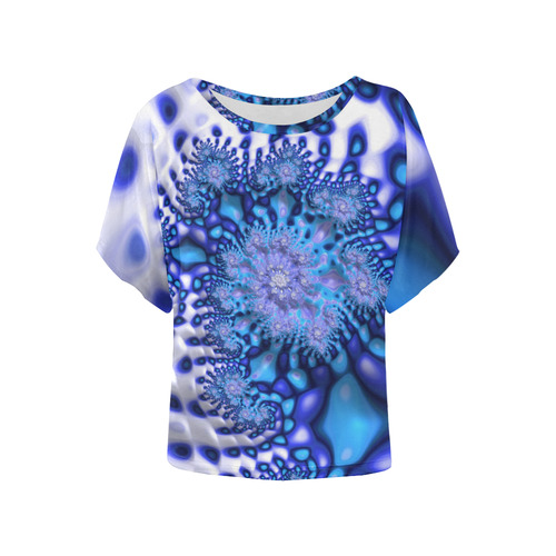 Psychedelic Blue on White Snow Fractal Art Women's Batwing-Sleeved Blouse T shirt (Model T44)