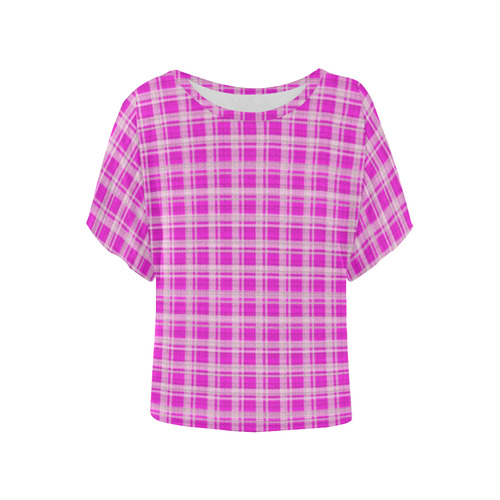 checkered Fabric pink by FeelGood Women's Batwing-Sleeved Blouse T shirt (Model T44)