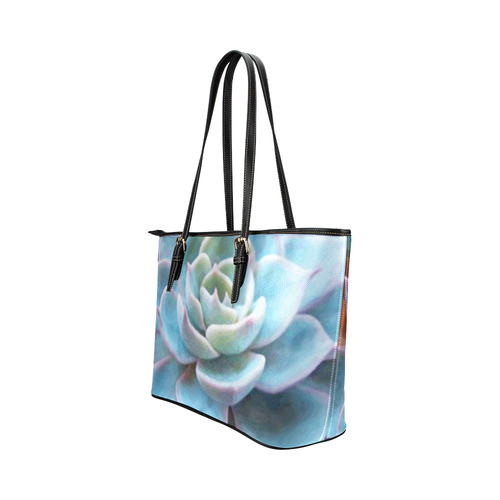 Watercolor Peacock Succulent Leather Tote Bag/Small (Model 1651)