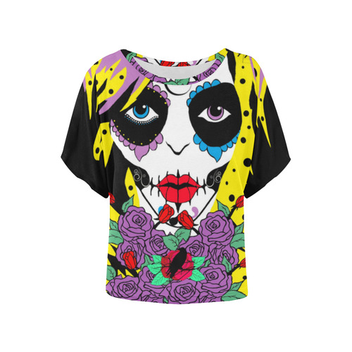 gothic sugar skull large Women's Batwing-Sleeved Blouse T shirt (Model T44)