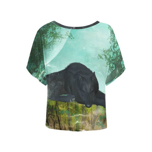 Sleeping wolf in the night Women's Batwing-Sleeved Blouse T shirt (Model T44)