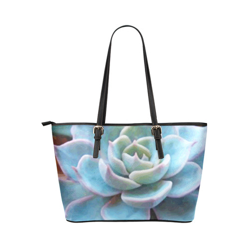 Watercolor Peacock Succulent Leather Tote Bag/Small (Model 1651)