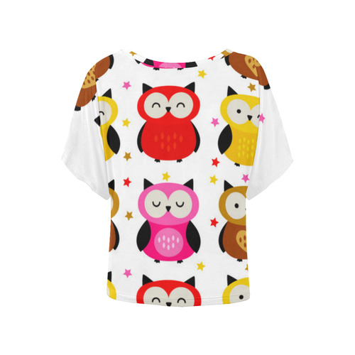 Owls Cute Girly Animal Nature Pattern Women's Batwing-Sleeved Blouse T shirt (Model T44)