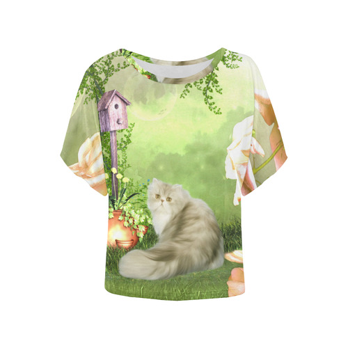 Cute cat in a garden Women's Batwing-Sleeved Blouse T shirt (Model T44)