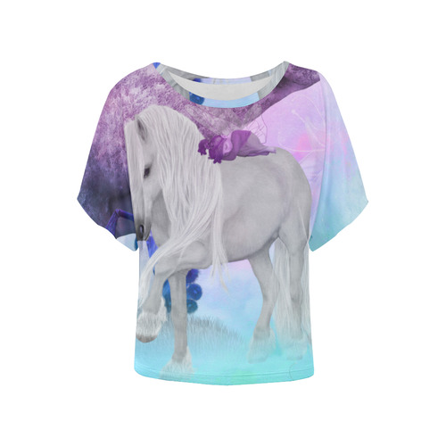 Unicorn with sleeping fairy Women's Batwing-Sleeved Blouse T shirt (Model T44)