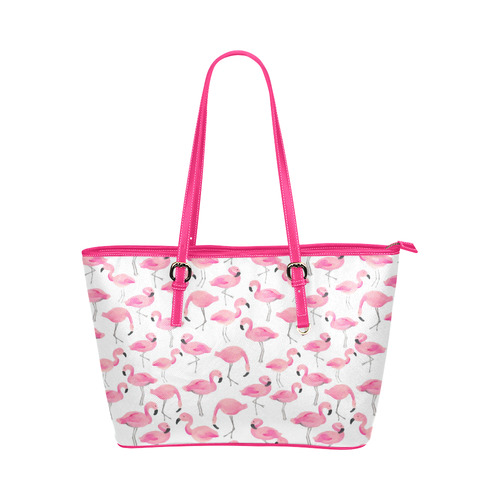 Pink Flamingos Leather Tote Bag/Large (Model 1651)