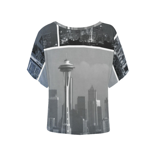 Grey Seattle Space Needle Collage Women's Batwing-Sleeved Blouse T shirt (Model T44)