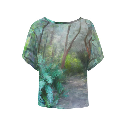 Bush, original watercolor painting, , landscape Women's Batwing-Sleeved Blouse T shirt (Model T44)