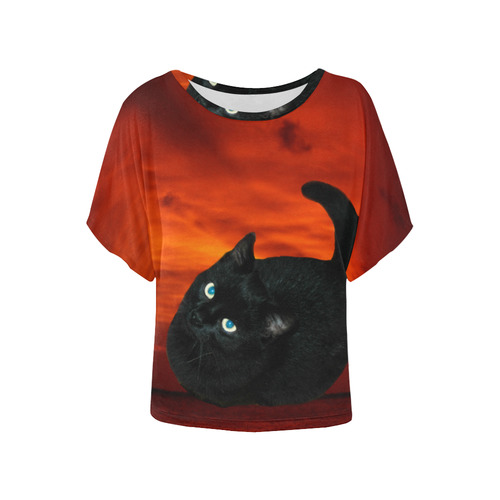 Cat and Red Sky Women's Batwing-Sleeved Blouse T shirt (Model T44)