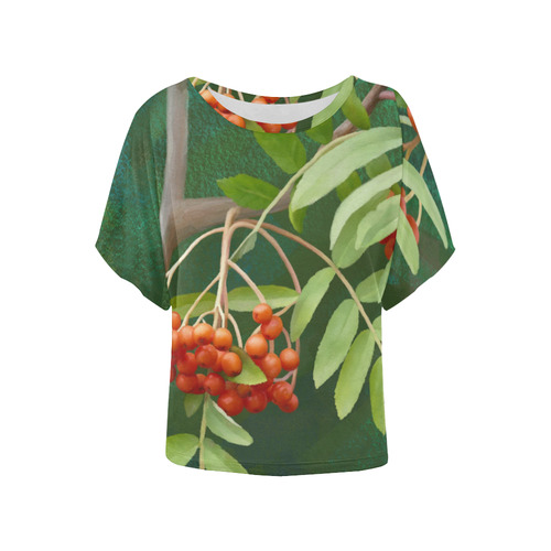 Plant Watercolor Rowan tree - Sorbus aucuparia Women's Batwing-Sleeved Blouse T shirt (Model T44)