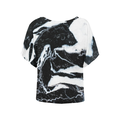 Black and white marble stone texture Women's Batwing-Sleeved Blouse T shirt (Model T44)