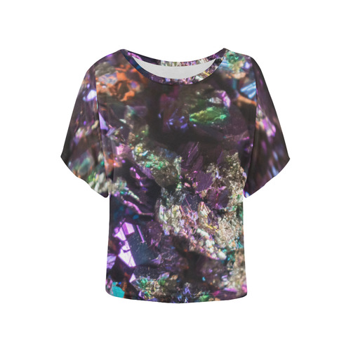 Purple green and blue crystal stone texture Women's Batwing-Sleeved Blouse T shirt (Model T44)