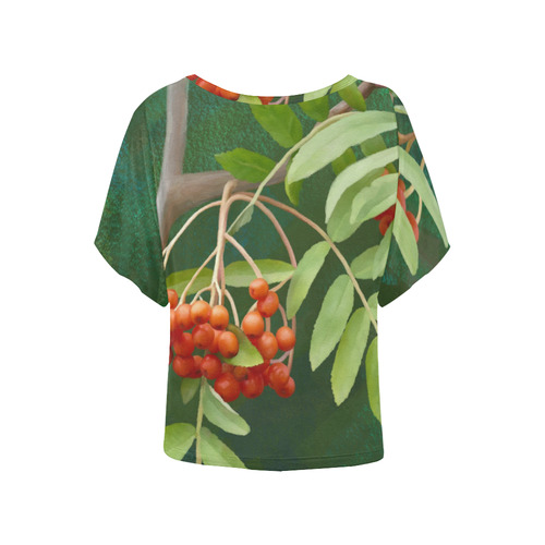 Plant Watercolor Rowan tree - Sorbus aucuparia Women's Batwing-Sleeved Blouse T shirt (Model T44)