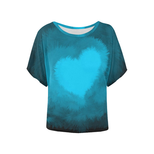 Blue Fluffy Heart, Valentine Women's Batwing-Sleeved Blouse T shirt (Model T44)