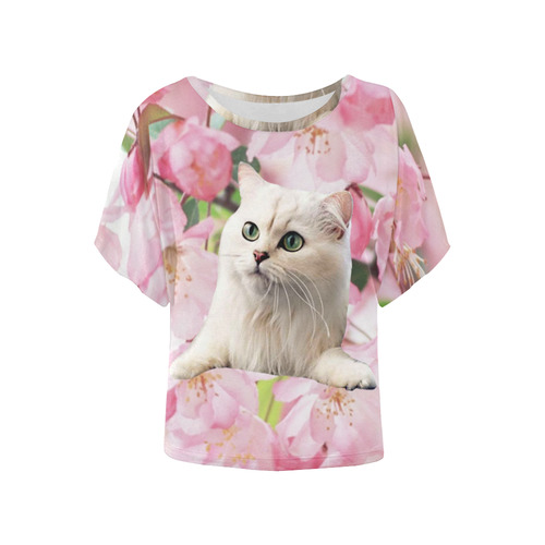 Cat and Flowers Women's Batwing-Sleeved Blouse T shirt (Model T44)