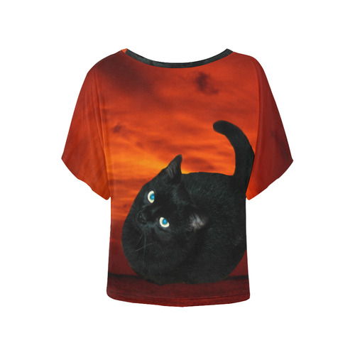 Cat and Red Sky Women's Batwing-Sleeved Blouse T shirt (Model T44)