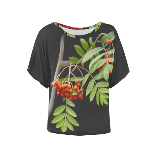 Rowan tree plant watercolor Women's Batwing-Sleeved Blouse T shirt (Model T44)
