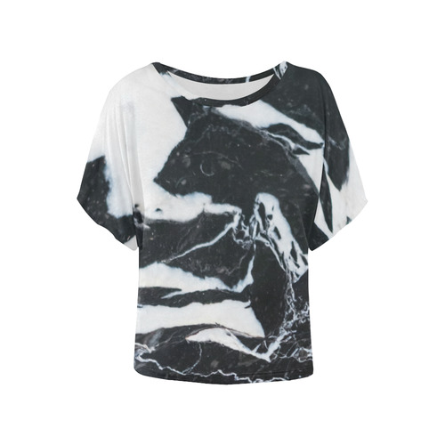 Black and white marble stone texture Women's Batwing-Sleeved Blouse T shirt (Model T44)