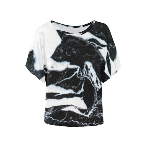 Black and white marble stone texture Women's Batwing-Sleeved Blouse T shirt (Model T44)