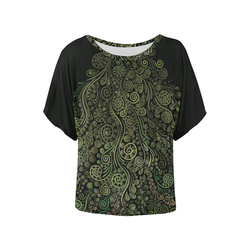 3D Ornaments -Fantasy Tree, green on black Women's Batwing-Sleeved Blouse T shirt (Model T44)