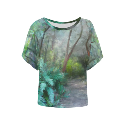 Bush, original watercolor painting, , landscape Women's Batwing-Sleeved Blouse T shirt (Model T44)
