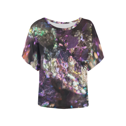 Purple green and blue crystal stone texture Women's Batwing-Sleeved Blouse T shirt (Model T44)