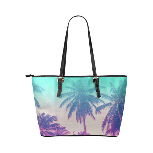 Palm Trees Green Pink Tropical Leather Tote Bag/Large (Model 1651)