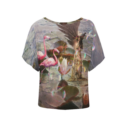 Winged Fairy with Flamingos Women's Batwing-Sleeved Blouse T shirt (Model T44)