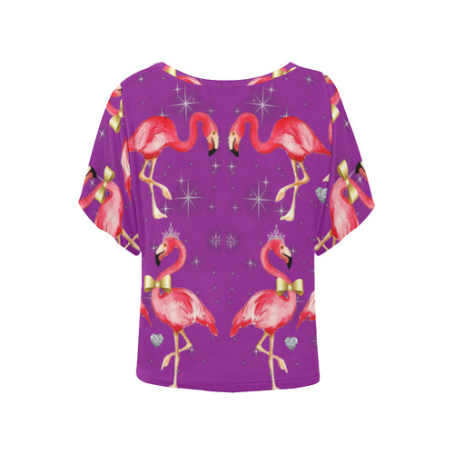 royal pink flamingo on purple Women's Batwing-Sleeved Blouse T shirt (Model T44)