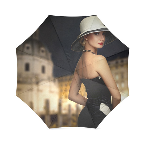 Elegant Beautiful Woman White Hat Black Dress Foldable Umbrella (Model U01)