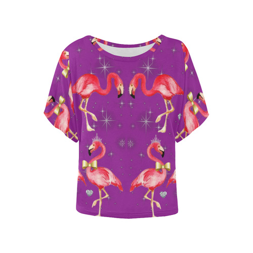 royal pink flamingo on purple Women's Batwing-Sleeved Blouse T shirt (Model T44)