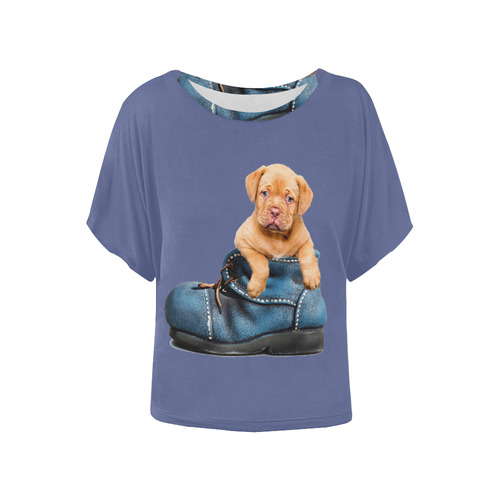 Lovely Puppy in a Blue Shoe Women's Batwing-Sleeved Blouse T shirt (Model T44)